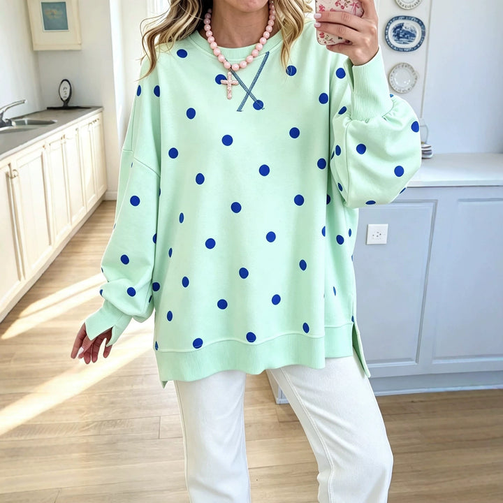Women's Polka Dot Pullover Sweatshirt – Relaxed Fit, Ribbon Tie Detail