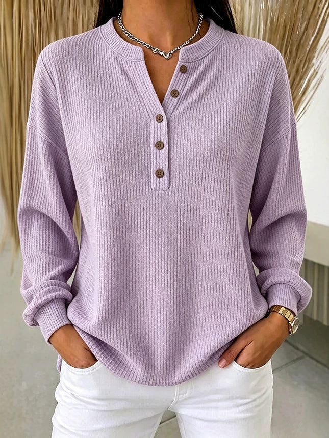 Women's Ribbed Knit Henley Top – Soft Long Sleeve T-Shirt