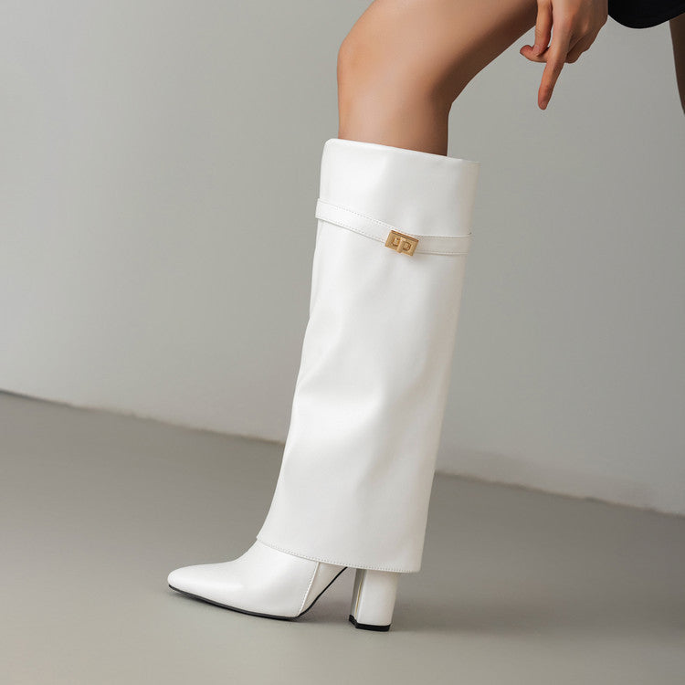 Women's Vegan Leather High Shaft Boot – Pointed Toe, Metal Buckle