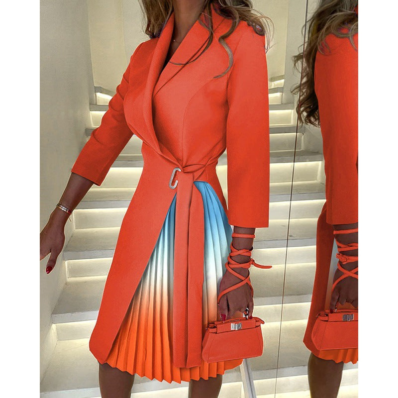 Midi Dress with Pleats – Women's V-Neck Tie Waist