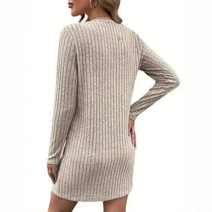 Women's V-Neck Zip Casual Midi Dress – Relaxed Textured Fit