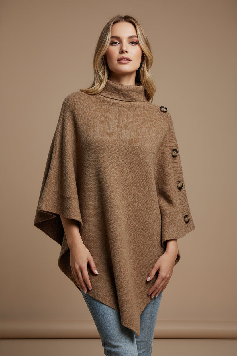 Women's Turtleneck Cape Sweater – Knit Cloak with Button Detail