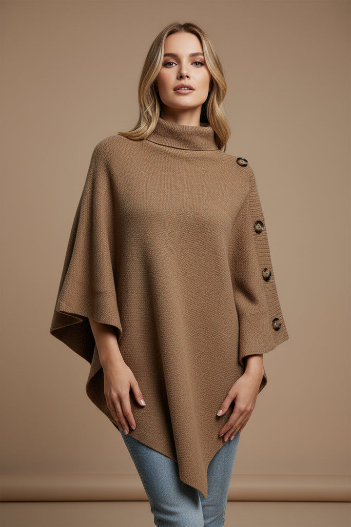 Women's Turtleneck Cape Sweater – Knit Cloak with Button Detail