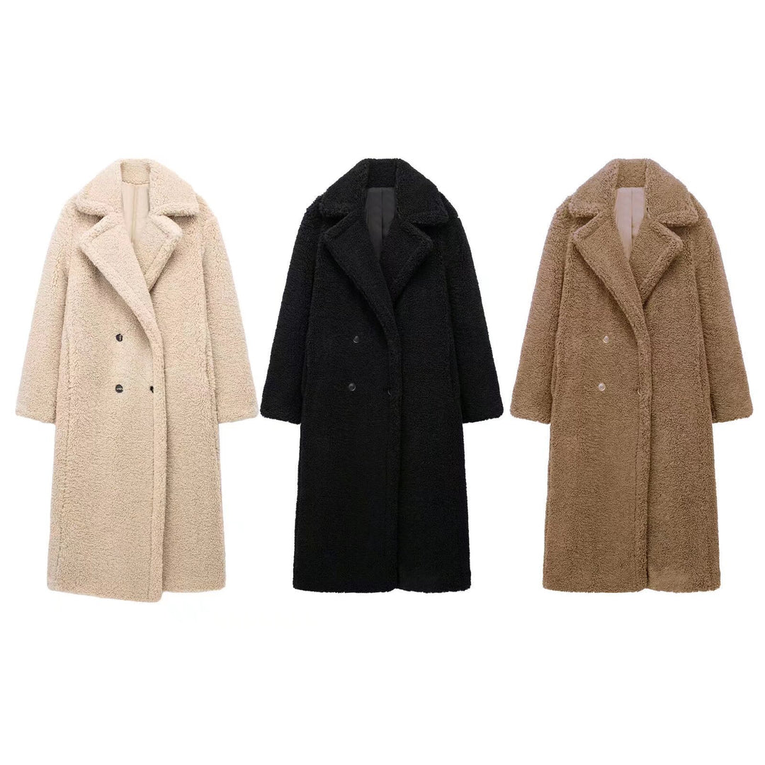 Women's Lambswool Look Longline Coat with Large Lapel