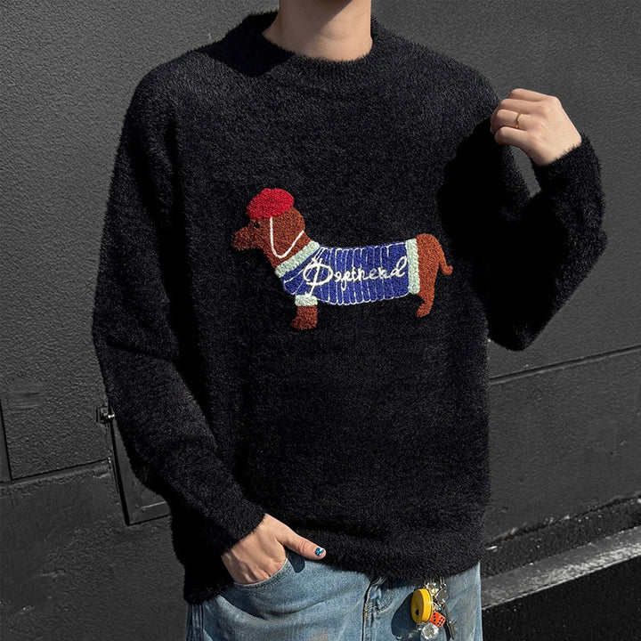 Men's Knit Sweater with Dachshund Embroidery – Pullover Raglan Sleeve