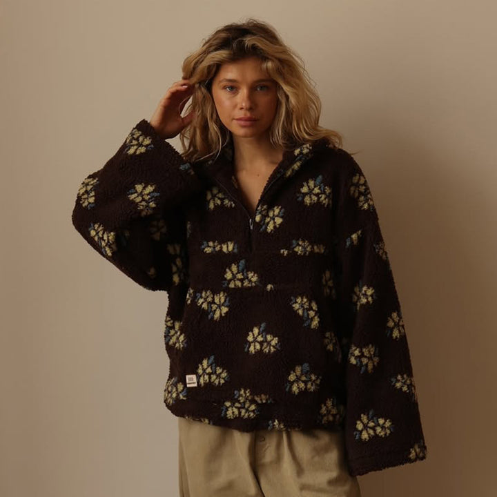 Women's Fleece Hoodie – Thick Floral Loose Fit with Pockets