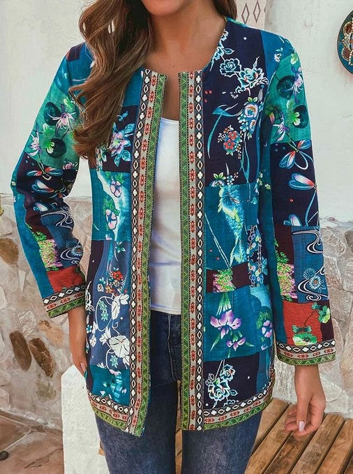 Women's Printed Cotton Coat – Relaxed Long Sleeve Ethnic Style