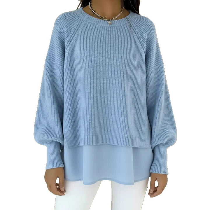 Women's Knit Sweater With Chiffon Hem – Relaxed Lantern Sleeve Design