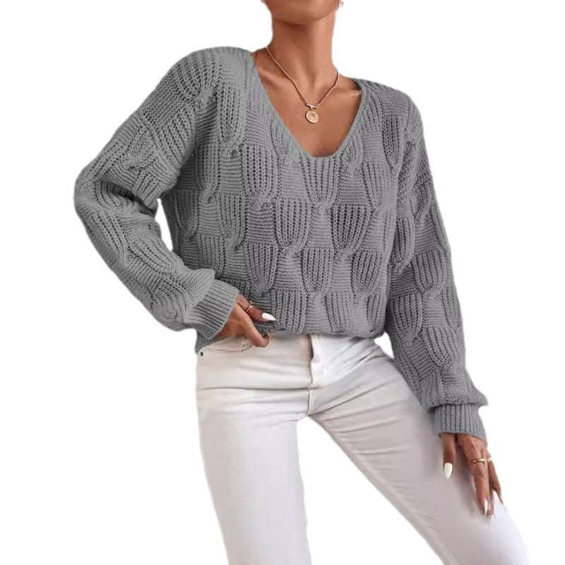 Women's Loose Knit Pullover Sweater – V-Neck Solid Relaxed Fit