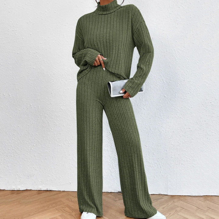 Women's Knit Two Piece Set – Ribbed Turtleneck Top & Trouser