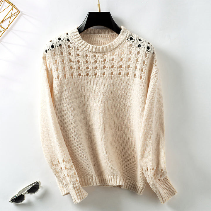 Women's Soft Knit Pullover Sweater – Relaxed Fit with Openwork Shoulders