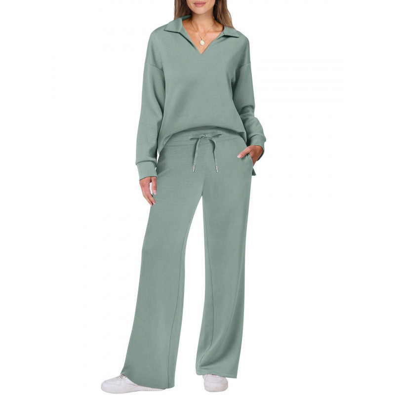 Women's Two Piece Lounge Set – Knit V-Neck Pullover & Straight-Leg Trousers