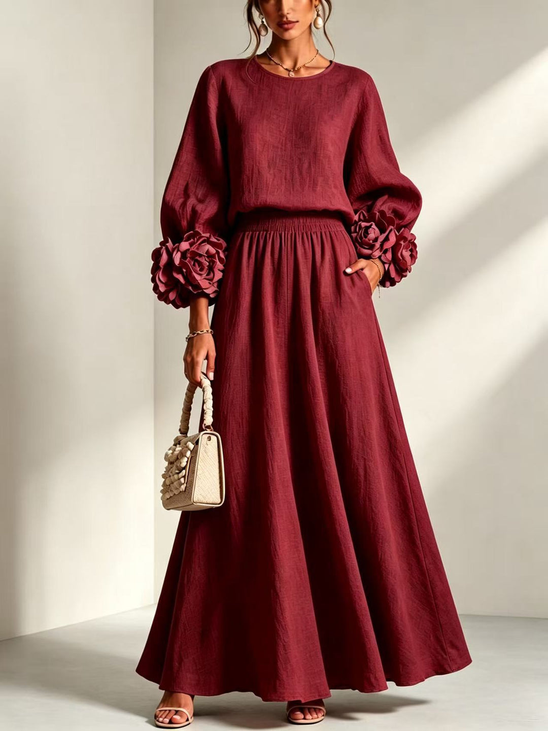 Women's Rose Puff-Sleeve A-Line Skirt Set – Dimensional Floral Detail