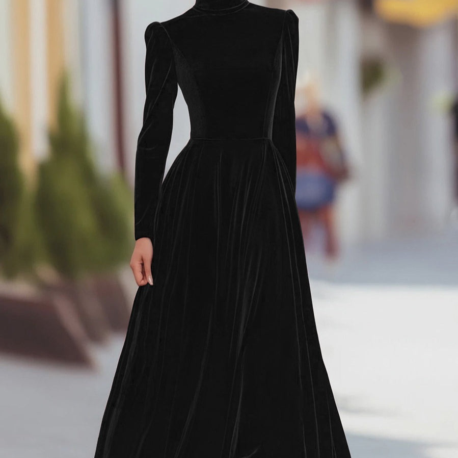 Women's Maxi Dress in Structured Fabric – High Neck & Puffed Sleeves