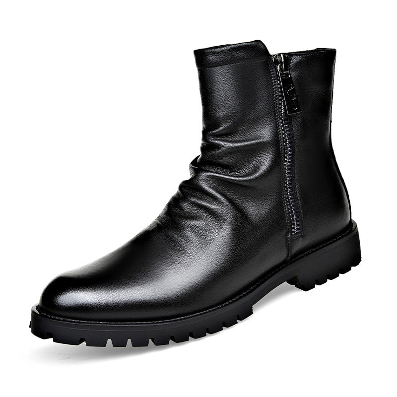 Men's Leather Boot – Low Heel Zipper High-Top Style