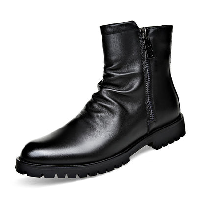 Men's Leather Boot – Low Heel Zipper High-Top Style