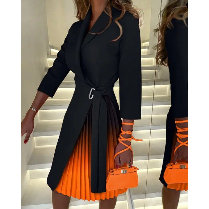 Midi Dress with Pleats – Women's V-Neck Tie Waist