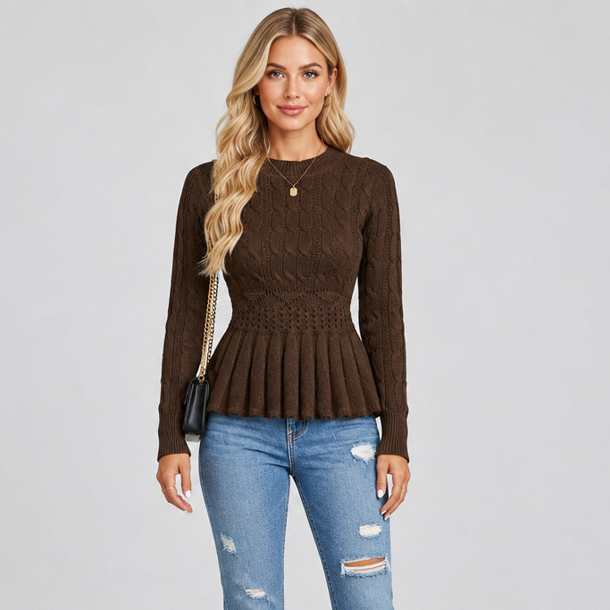 Women's Slim Fit Pleated Sweater Top – Crocheted Flower Detail