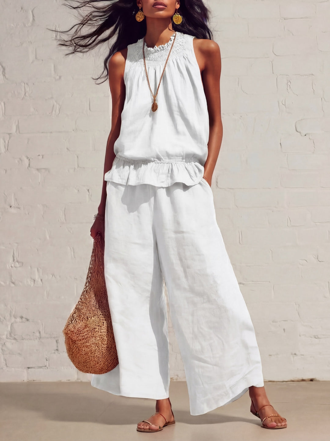Women's Two Piece Set Sleeveless Ruffled Vest and Straight-Leg Pants
