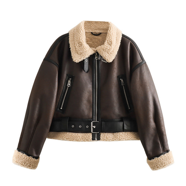 Women's Vegan Leather Coat with Lambswool Trim – Relaxed Zip Jacket