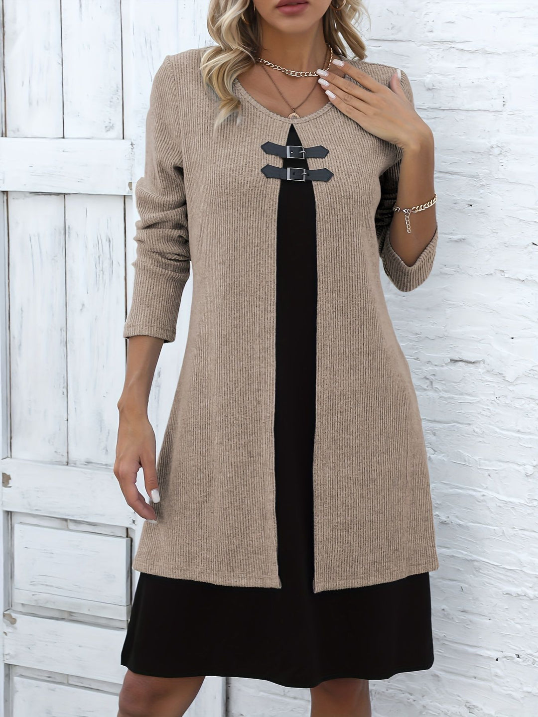 Women's Sweater Mini Dress – Contrast Layered Buckle Detail