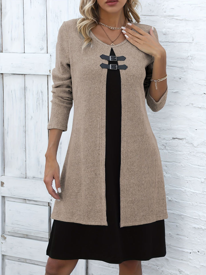Women's Sweater Mini Dress – Contrast Layered Buckle Detail