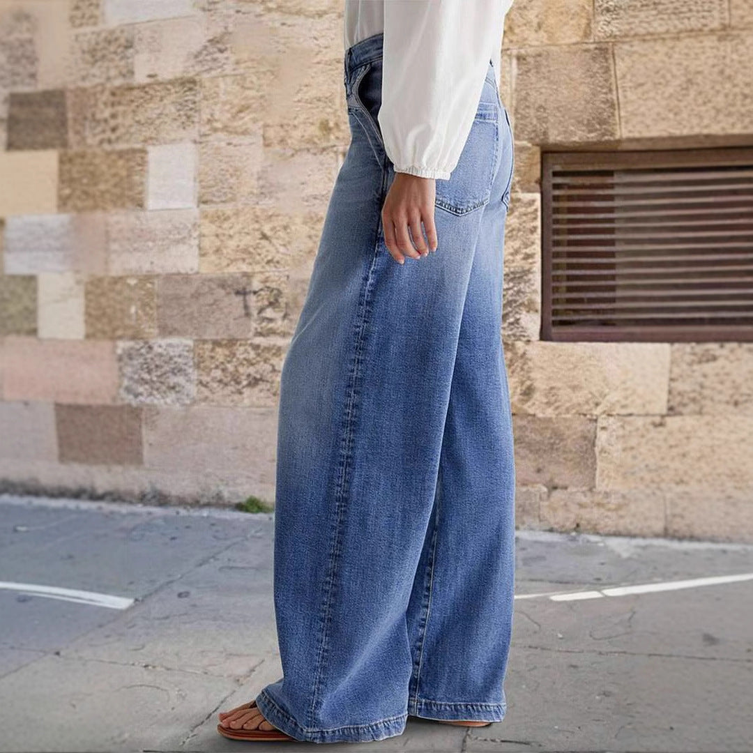 Women's Denim Straight-Leg Trouser – High Waist Embroidered Detail
