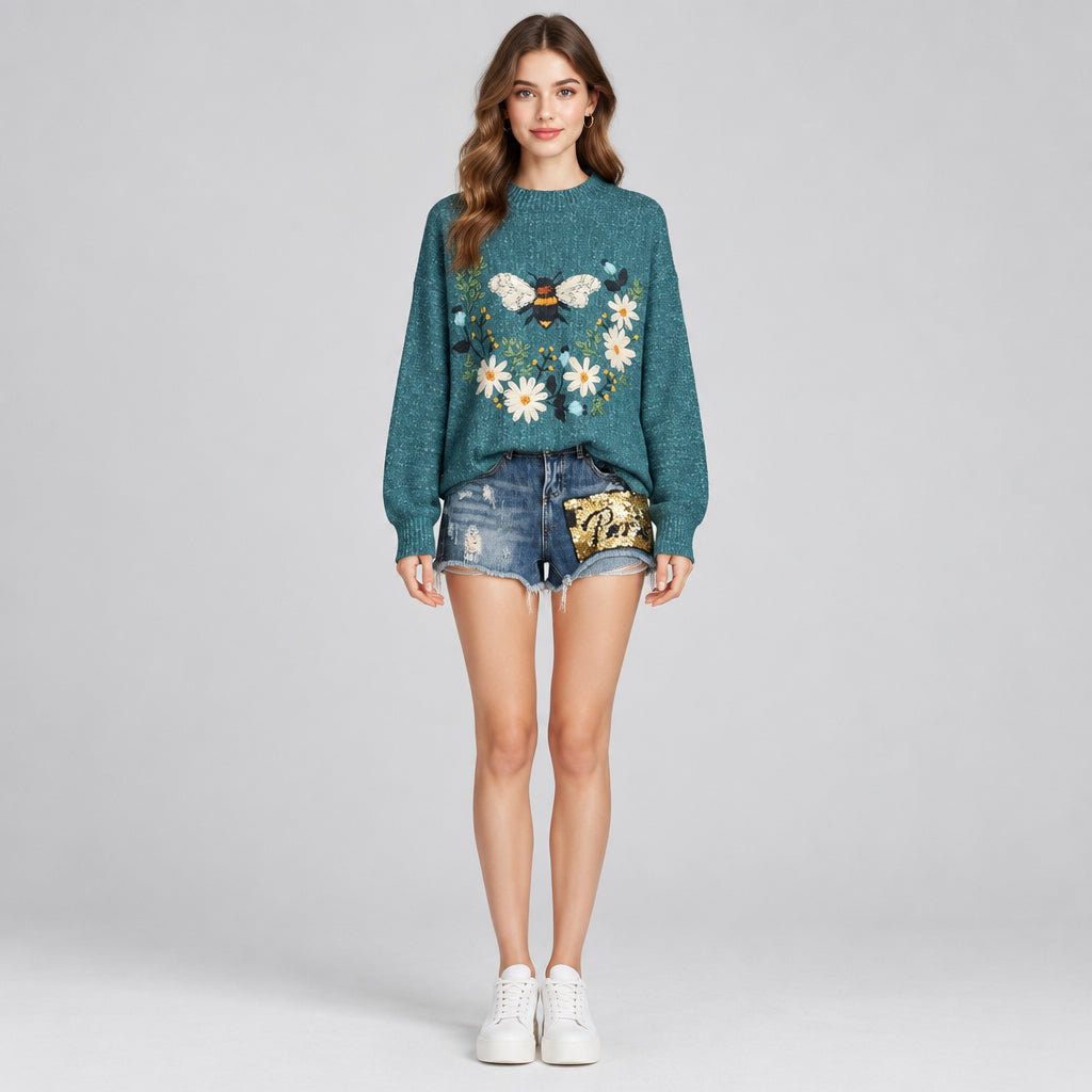 Women's 3D Sweater – Textured Ribbed Knit, Loose Fit Pullover