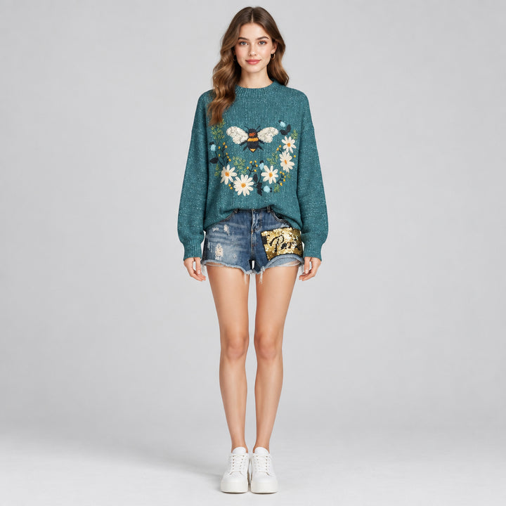 Women's 3D Sweater – Textured Ribbed Knit, Loose Fit Pullover