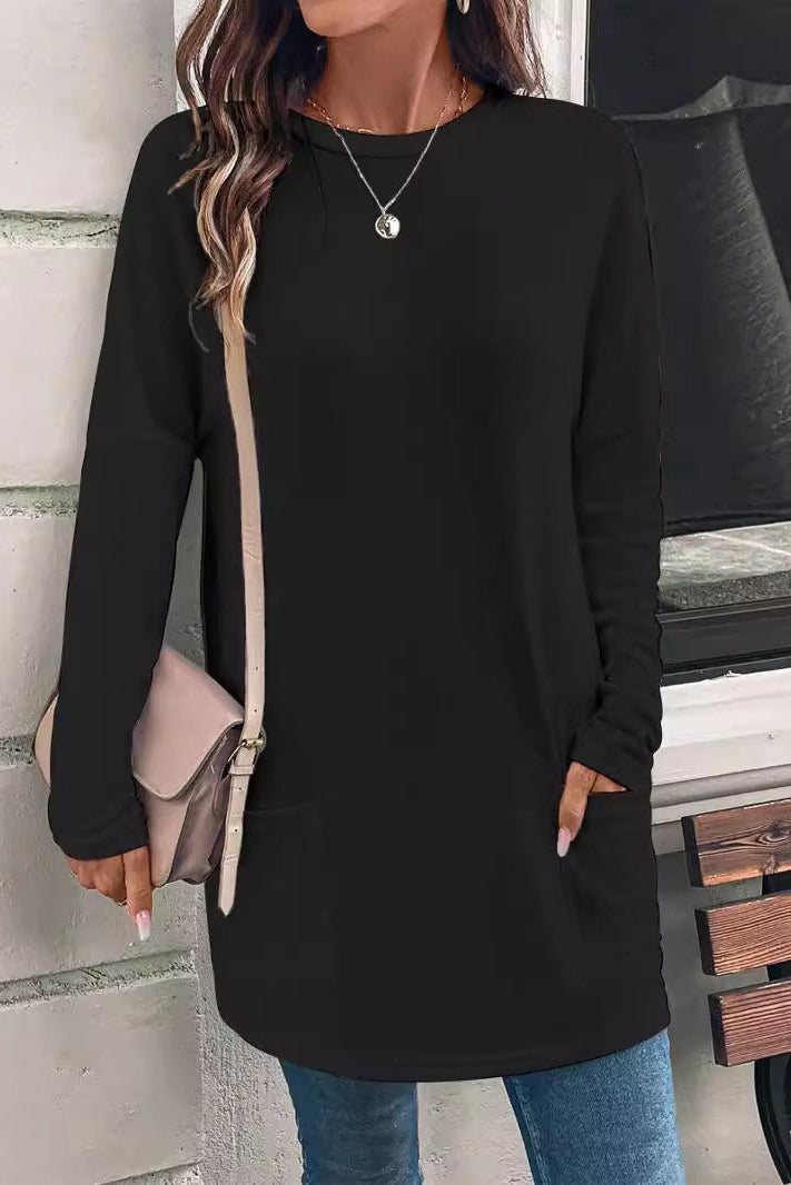 Women's Long Sleeve Cotton T-Shirt with Pocket – Relaxed Crew Neck
