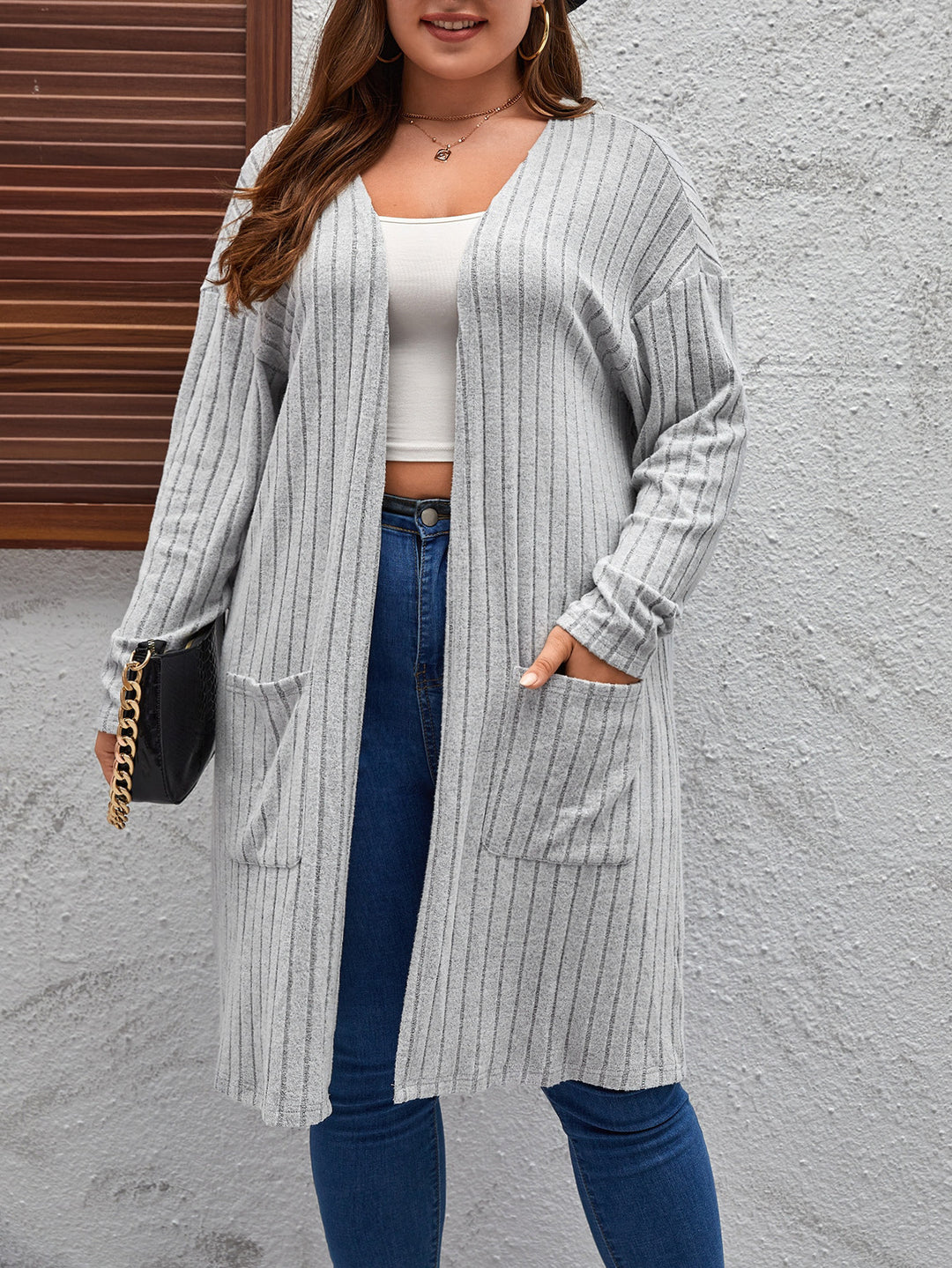 Women's Jacket – Ribbed Knit, Mid-Length, Relaxed Fit, Pockets