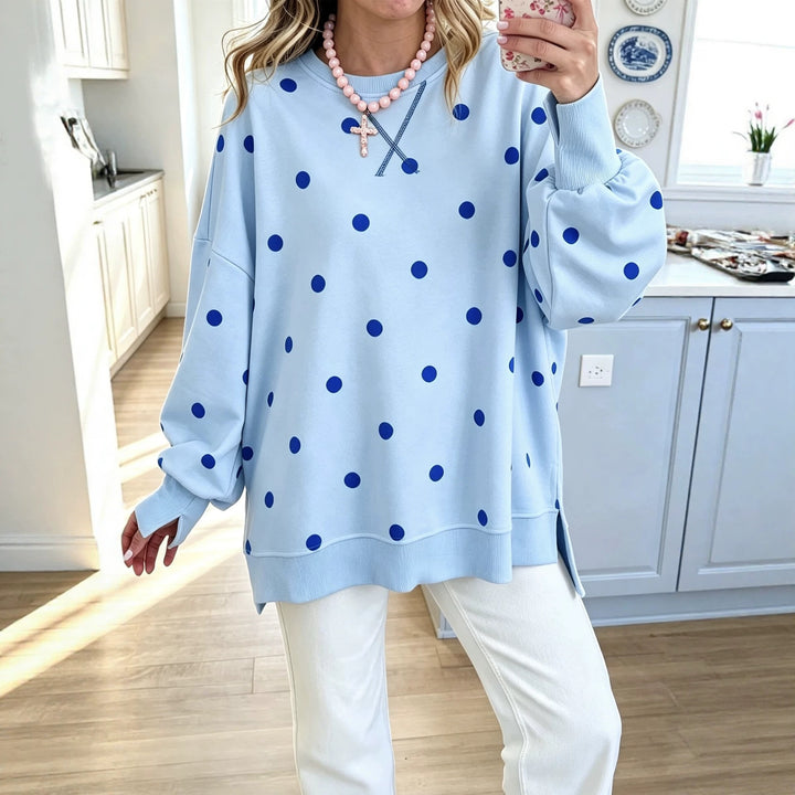 Women's Polka Dot Pullover Sweatshirt – Relaxed Fit, Ribbon Tie Detail