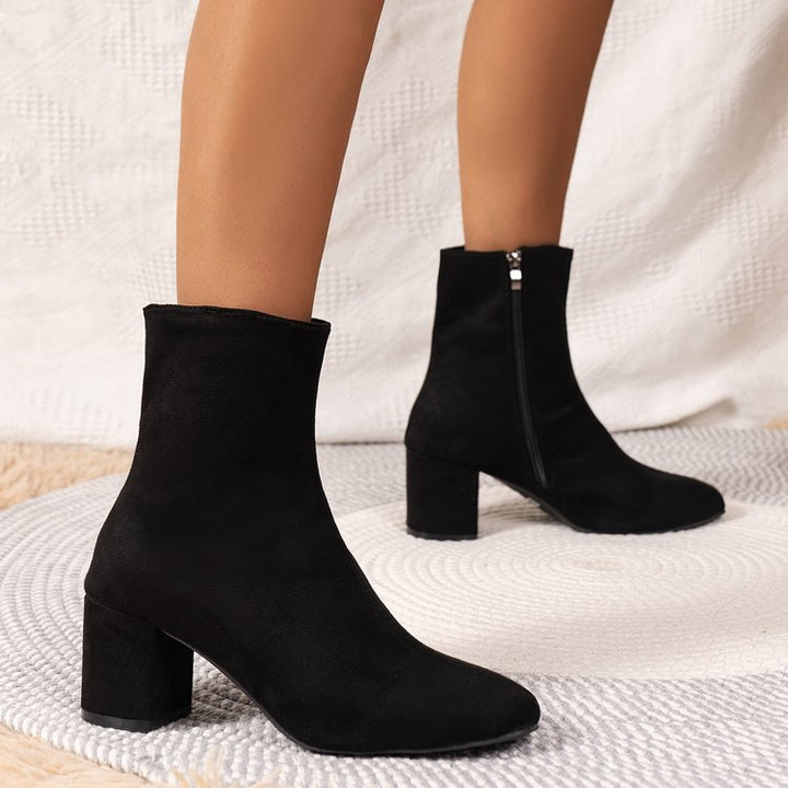 Women's Stretch Suede Mid-Calf Boot – Pointed Toe Block Heel