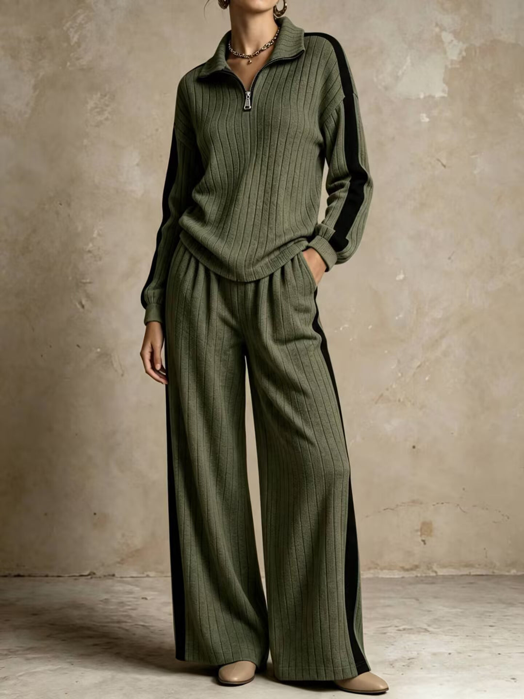 Women's Two Piece Lounge Set – Ribbed Knit Half-Zip Top & Pants