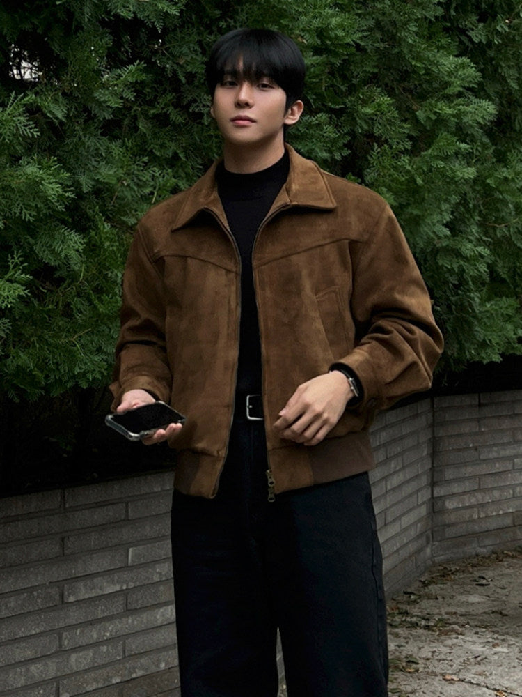 Men’s Suede Look Jacket with Classic Lapel – Collared Style