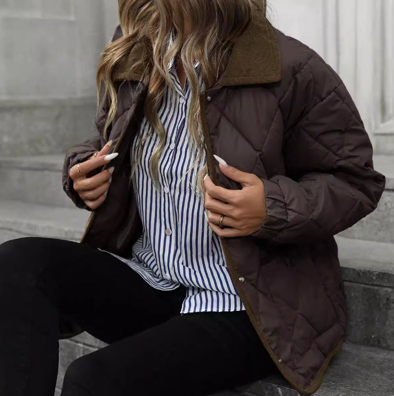 Women’s Cotton Coat – Warm Vintage Lapel Outerwear, Patchwork Design