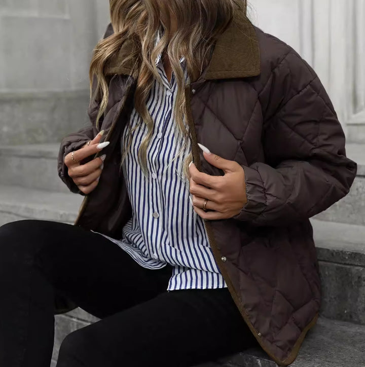 Women’s Cotton Coat – Warm Vintage Lapel Outerwear, Patchwork Design