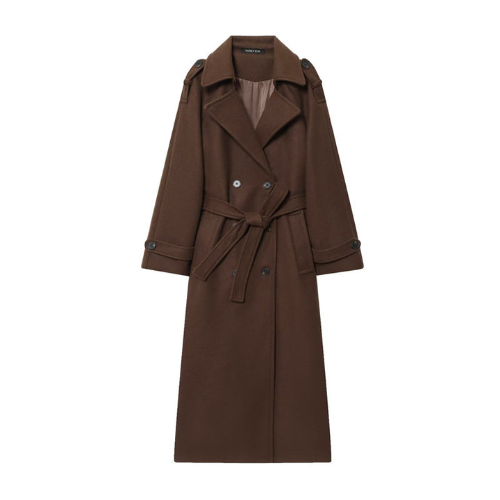 Women's Double-Breasted Long Coat – Belted, Notch Lapel Silhouette