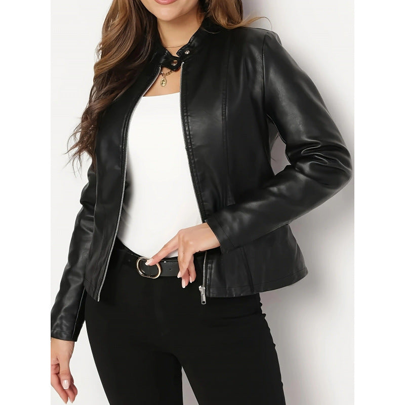 Women's Slim-Fit Vegan Leather Jacket – Commute Style Stand Collar