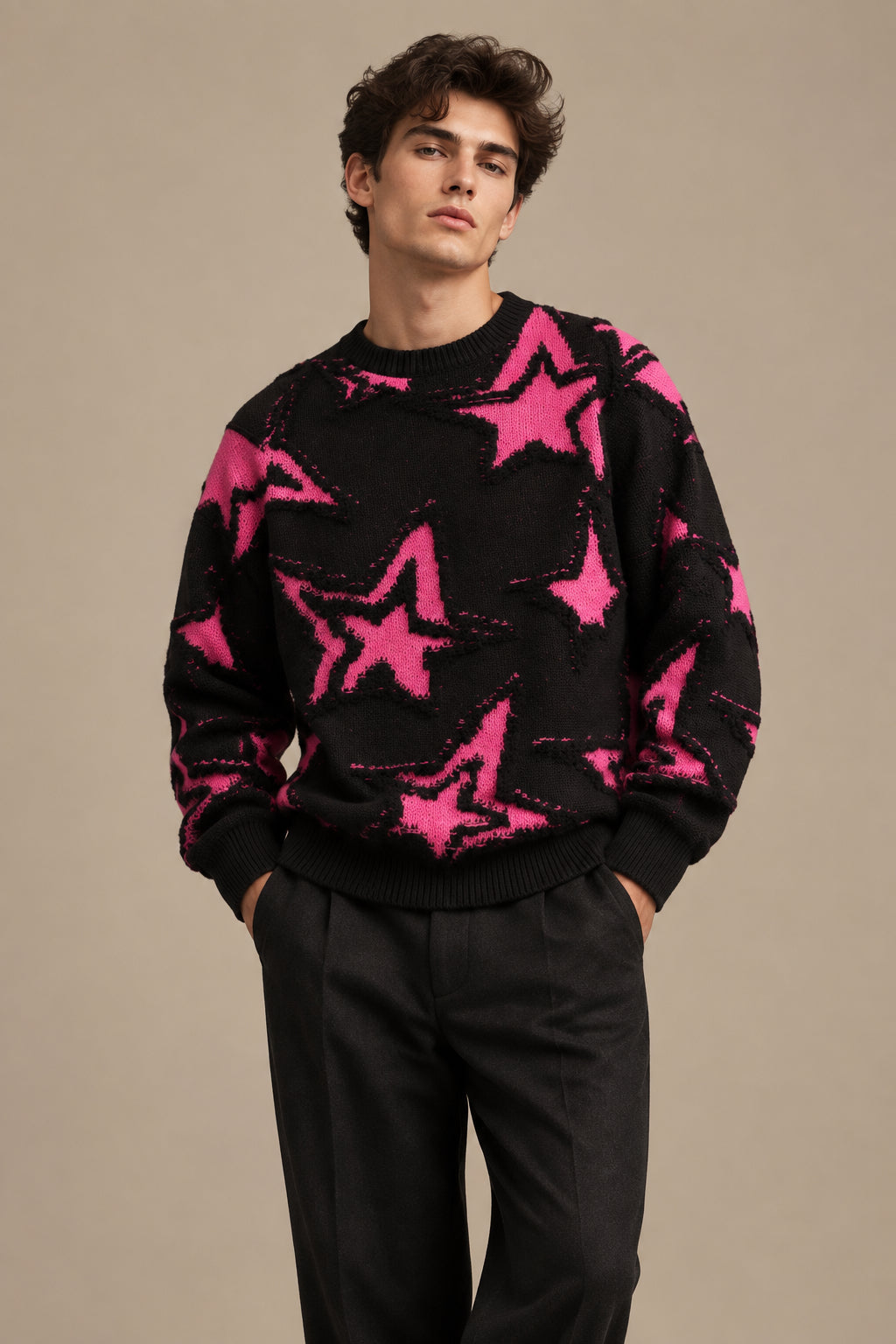 Men's Star Jacquard Knit Sweater – Relaxed Fit Pullover by