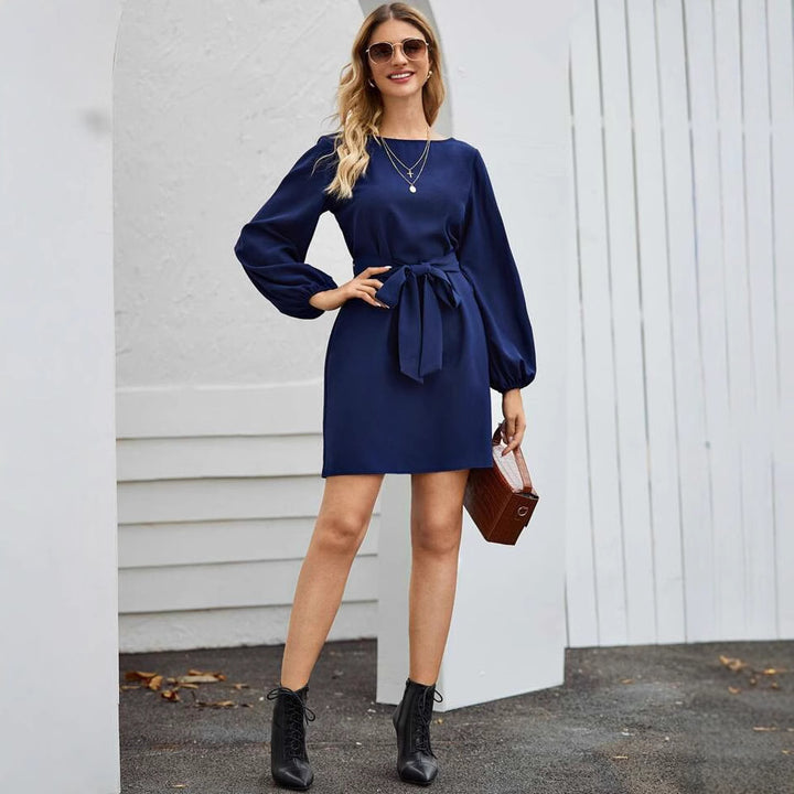 Women's Midi Dress – High Waist A-Line, Long Sleeve, Drapey Fabric