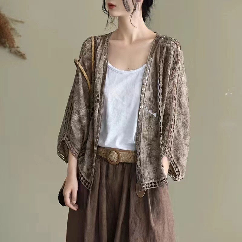 Cotton Crochet Cardigan for Women – Embroidered Lace Slim Fit