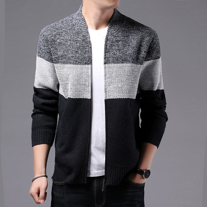 Men's Knitted Sweater – Thick Stripe Pattern, Warm Winter Layer