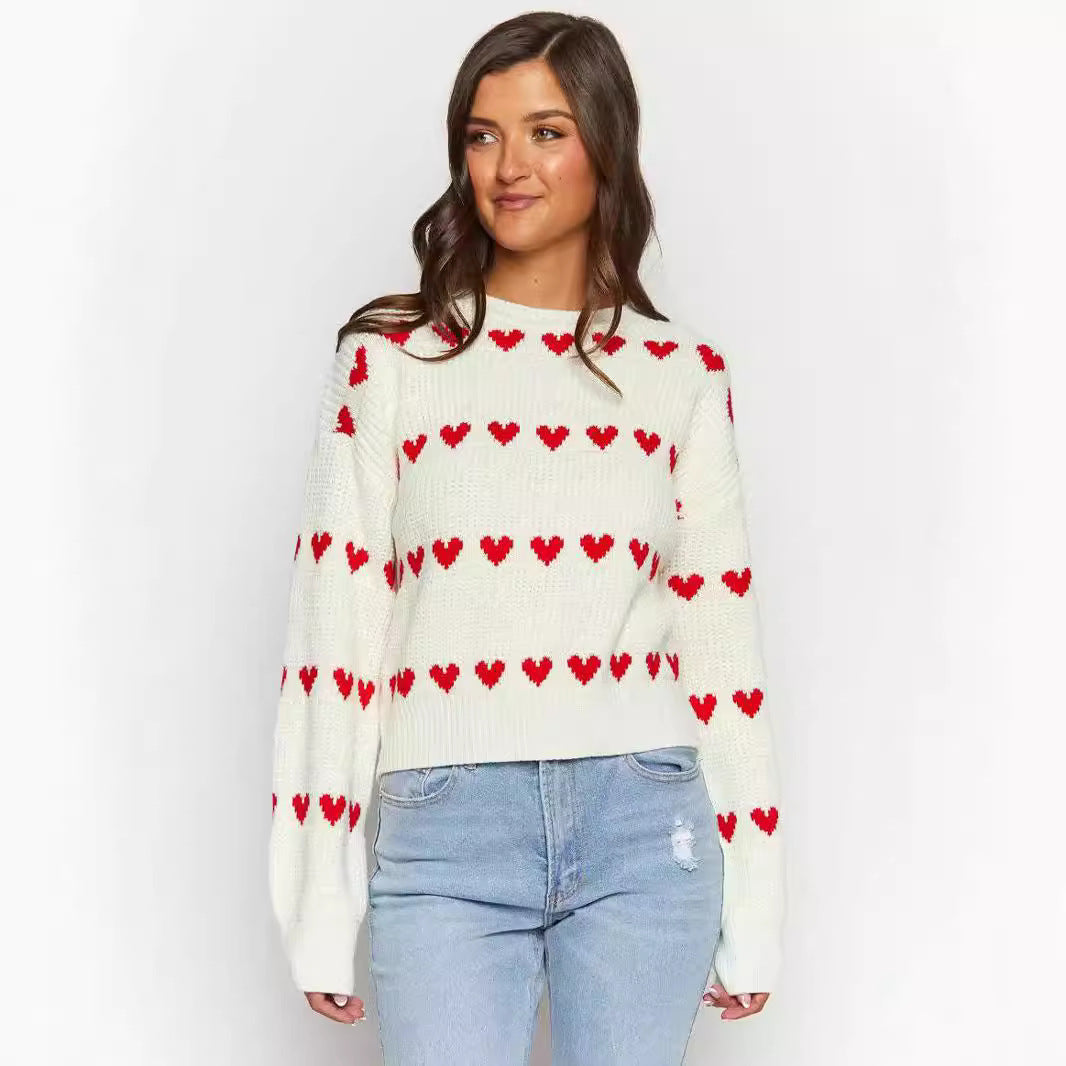 Heart Pattern Women's Jacquard Sweater – Two-Tone Knit Pullover