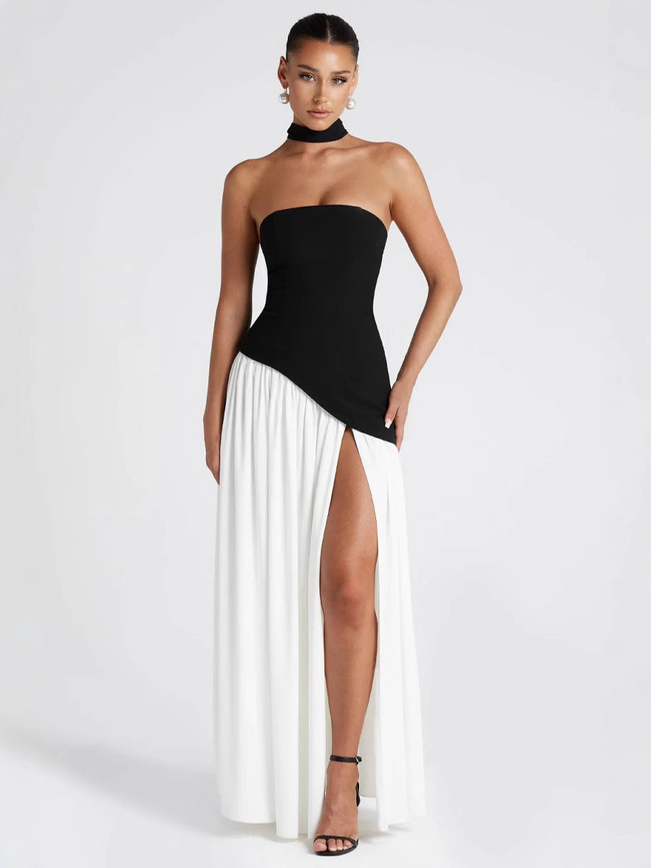 Women's Strapless Slit Dress – High Waist Patchwork Silhouette