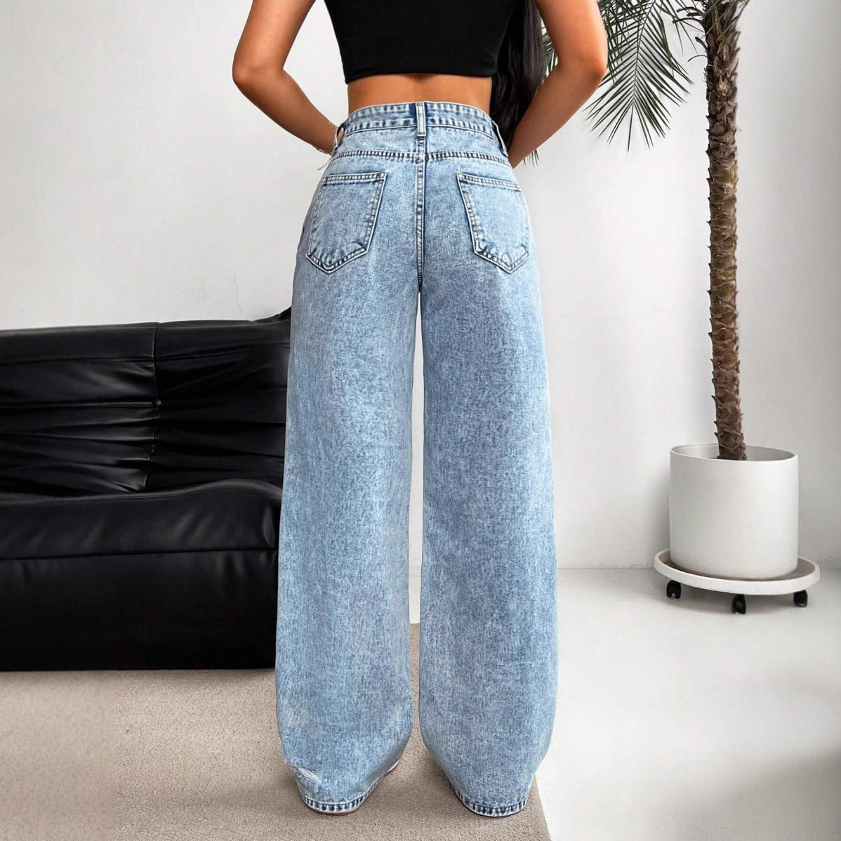 Women's High Waist Straight Leg Jeans – Distressed Wide Leg Fit