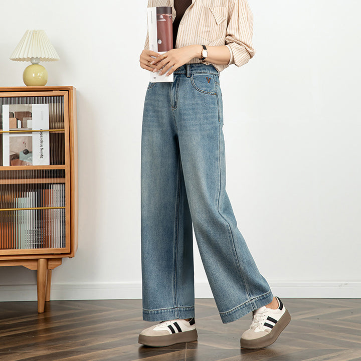 Women's High-Waist Cropped Wide-Leg Cotton Jeans – Embroidered