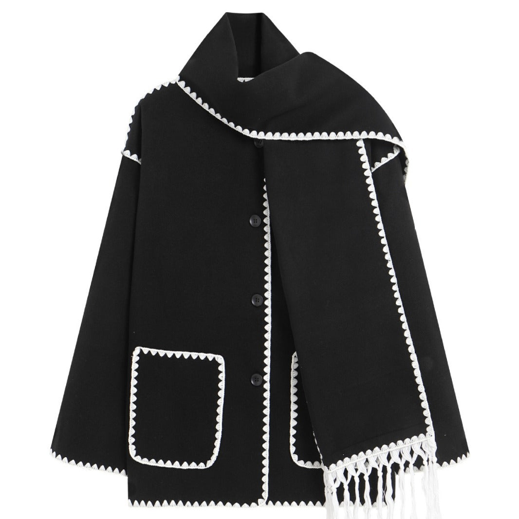 Women's Wool Coat with Attached Scarf – Thick Loose Fit