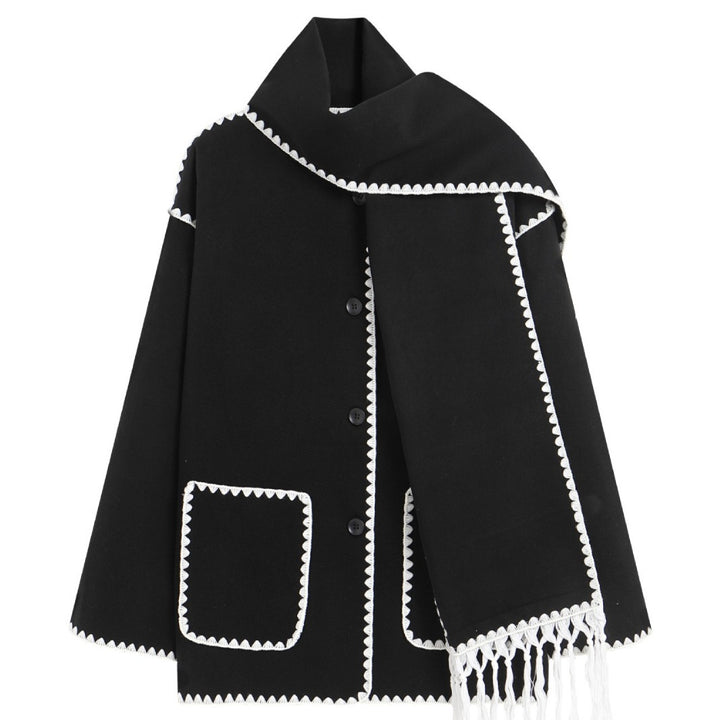 Women's Wool Coat with Attached Scarf – Thick Loose Fit