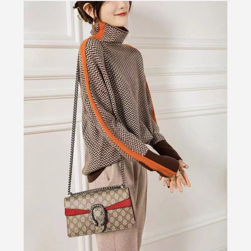 Women's High Neck Relaxed Sweater – Contrast Sleeve Detail